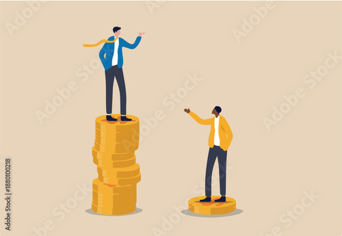 Economic inequality, rich and poor gap, unfairness income, different money people being paid concept, white rich businessman standing on high salary coins tower with poor black man on low coins stack.