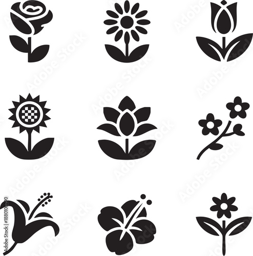 Set of 8 black flower icons vector