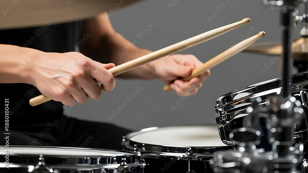 Naklejka premium Drummer playing drums with drumsticks in hands