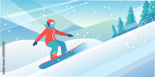 A person snowboarding down a snowy mountain slope in winter