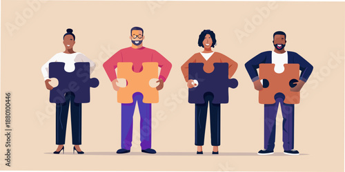 Diverse team connecting puzzle pieces symbolizing collaboration and successful teamwork