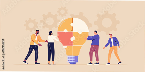 Teamwork and innovation people connecting pieces to form a lightbulb concept