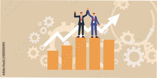 Businessmen celebrating success atop a rising graph with gears and bars