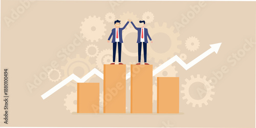 Two businessmen standing on a bar graph with increasing trend and gear background