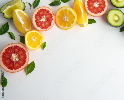 Fresh Healthy Food Composition Vibrant Top View Flat Lay White Background.
