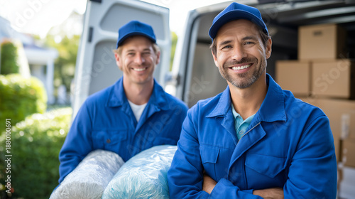Two male movers in blue uniform carrying wrapped mattress from house to van, faceless workers, furniture delivery service, relocation team, loading boxes nearby, with copy space © Nataliya