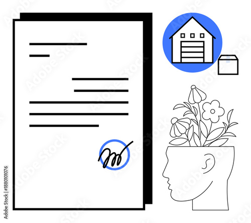 Document with signature, head with blossoming flowers, and house garage symbol. Ideal for creativity, organization, growth, planning, real estate contracts mindful living. Simple flat metaphor