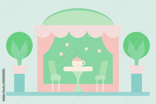 Pastel Pink And Green Tea Room With Floral Curtain