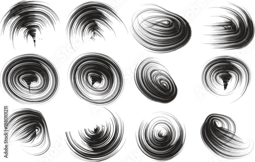 Set of 12 Black Abstract Swirl Brush Strokes and Circular Ink Spiral Shapes
