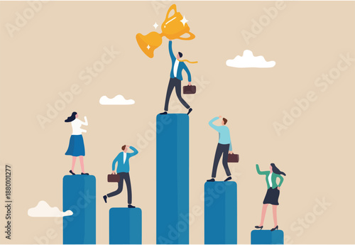 Business competition, performance comparison chart between company profit or employee, winner and loser in contest, achievement concept, business people compete on performance graph with one winner.