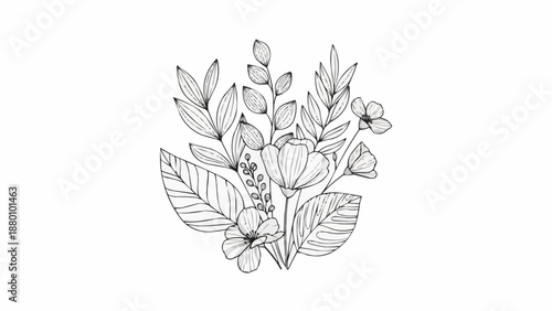 Hand drawn botanical illustration of delicate flowers and leaves.