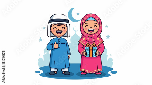 Happy Muslim Children Celebrating Eid with Gifts.