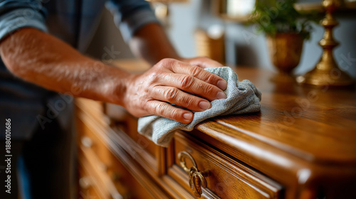 Wallpaper Mural Close-up of person's hands carefully polishing classic wooden dresser with soft cloth, faceless detail, home maintenance, furniture restoration, craftsmanship care, with copy space Torontodigital.ca