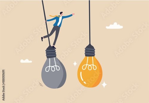 Change or transformation to new opportunity, change to new job, better career, improvement or move to different company, decision for new chance concept, businessman jump from old to bright lightbulb.