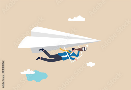 Career opportunity, investment or business vision, future forecast or discover new idea and inspiration concept, businessman flying paper airplane origami as glider with binoculars to see opportunity
