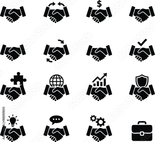 Collection of handshake icons representing business and partnership