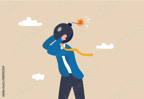 Anxiety, stressed or anger emotion, mental problem or depression, exhaustion or overworked concept, frustrated nervous businessman bomb head about to explode