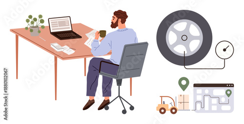 Logistics, remote work, delivery automation, tracking, technical planning, business strategy. Person working at desk, wheel map and delivery icons. Logistics and remote work