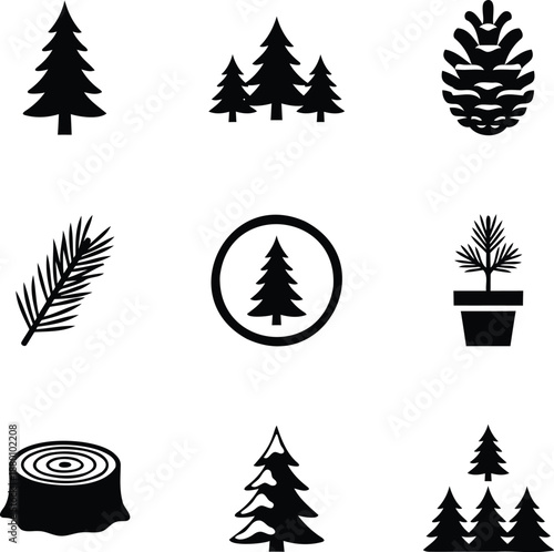 Collection of different pine tree silhouettes