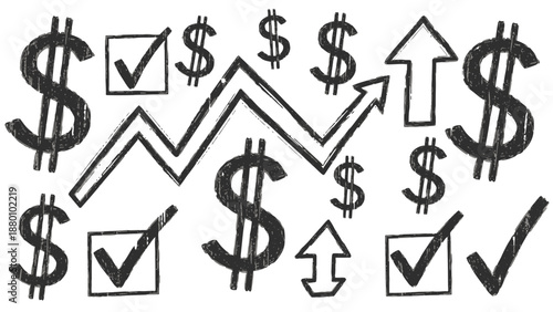 Dollar signs and checkmarks with upward trending graph.