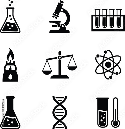Collection of laboratory equipment and scientific symbols