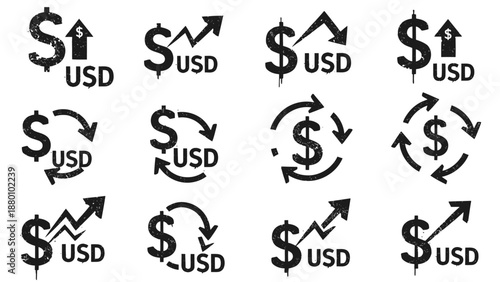 Collection of USD dollar sign icons with various directional arrows.