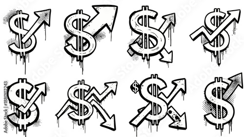 Dollar signs with various directional arrows in black and white.