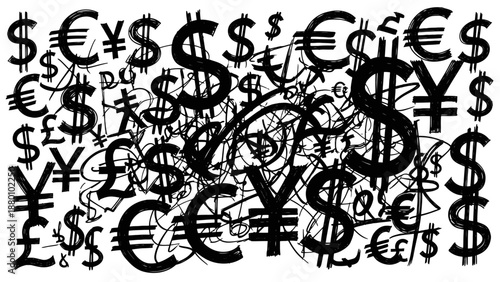 Collage of various international currency symbols in black and white.