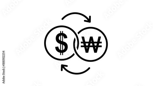 Simple black icon illustrating currency exchange between US dollar and Korean won.
