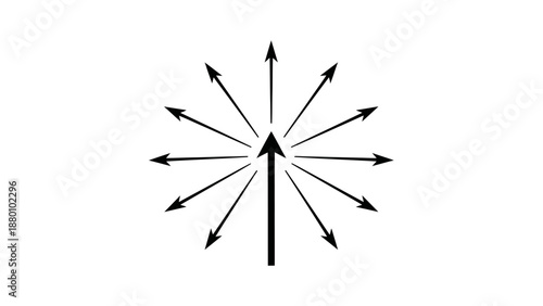 Black arrow pointing upwards with radiating arrows around it on a white background.