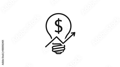 Simple Line Art Light Bulb with Dollar Sign and Arrow.