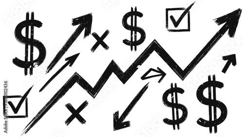 Financial graph with dollar signs and arrows indicating market trends and fluctuations.