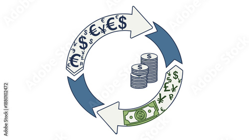 Money Exchange Cycle with Coins and Dollar Bills.