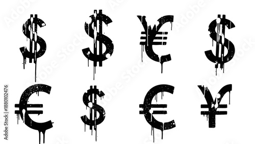 Collection of dripping currency symbols including dollar euro yen.