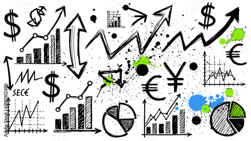 Financial charts and graphs with currency symbols and statistical analysis.