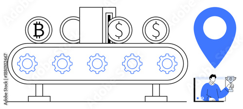 Coins on a conveyor belt with Bitcoin and Dollar symbols, blue navigation pin, and a professional holding a trophy. Ideal for cryptocurrency, blockchain, fintech, geolocation, financial success