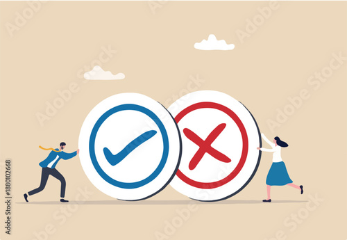 Pros and cons, do and dont or negative vs positive, comparison or advice article, yes or no, good or bad idea concept, business people holding big pros and cons, right and wrong symbols