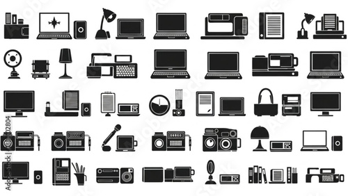 Black and white office equipment silhouettes arranged in vector rows