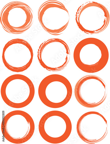 Bild auf Leinwand Set of Orange Hand-Drawn Textured Circle Frames, Grungy Ink Oval Borders and Pai