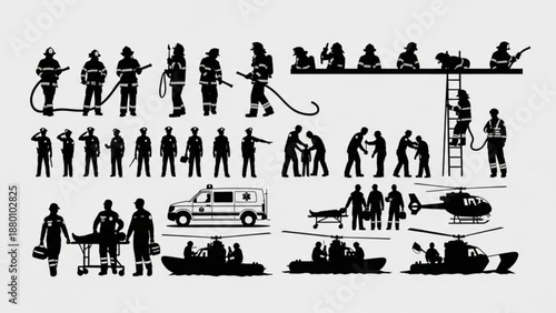 Black and white emergency service silhouettes arranged in rows