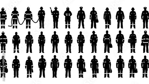 Black and white emergency service silhouettes arranged in rows
