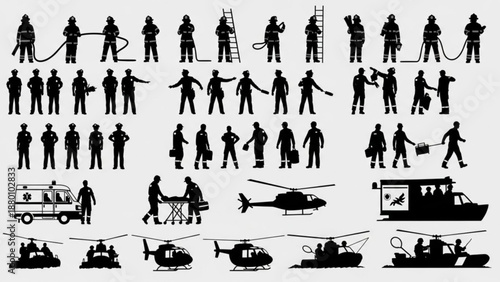 Black and white emergency service silhouettes arranged in rows
