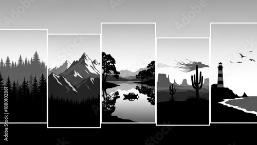 Black and white nature and landscape silhouettes arranged horizontally