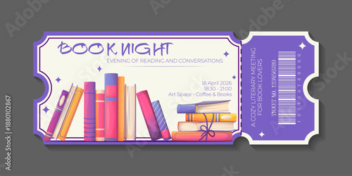 Vector illustration of bookshelf with standing books, stack of books. Literary meeting design ticket template for banner, card, flyer, discount. Book club, bookstore, library concept. World book day.