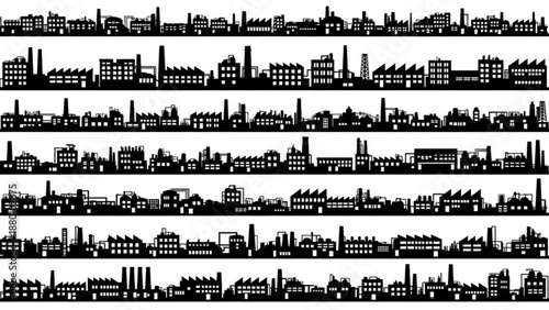 Black and white industrial factory silhouettes aligned in vector rows
