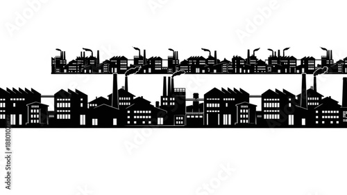Black and white industrial factory silhouettes aligned in vector rows