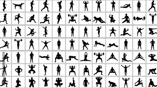 Black and white fitness and workout silhouettes arranged in rows