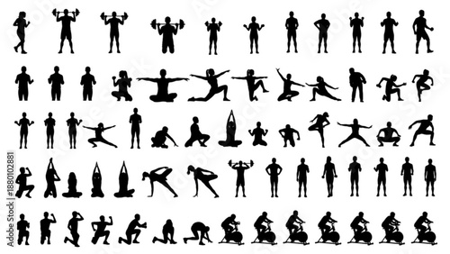 Black and white fitness and workout silhouettes arranged in rows