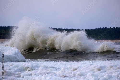 Huge wave of little frozen Baltic Sea in Sobieszewska Island, Pomerania, Poland