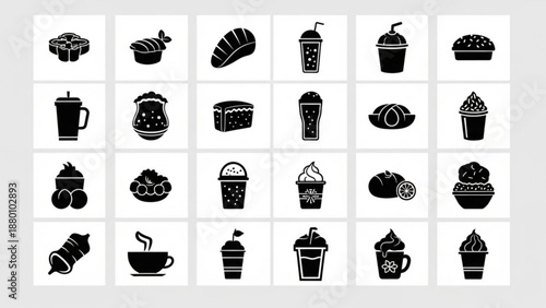 Black and white food and beverage silhouettes arranged in vector icon grid